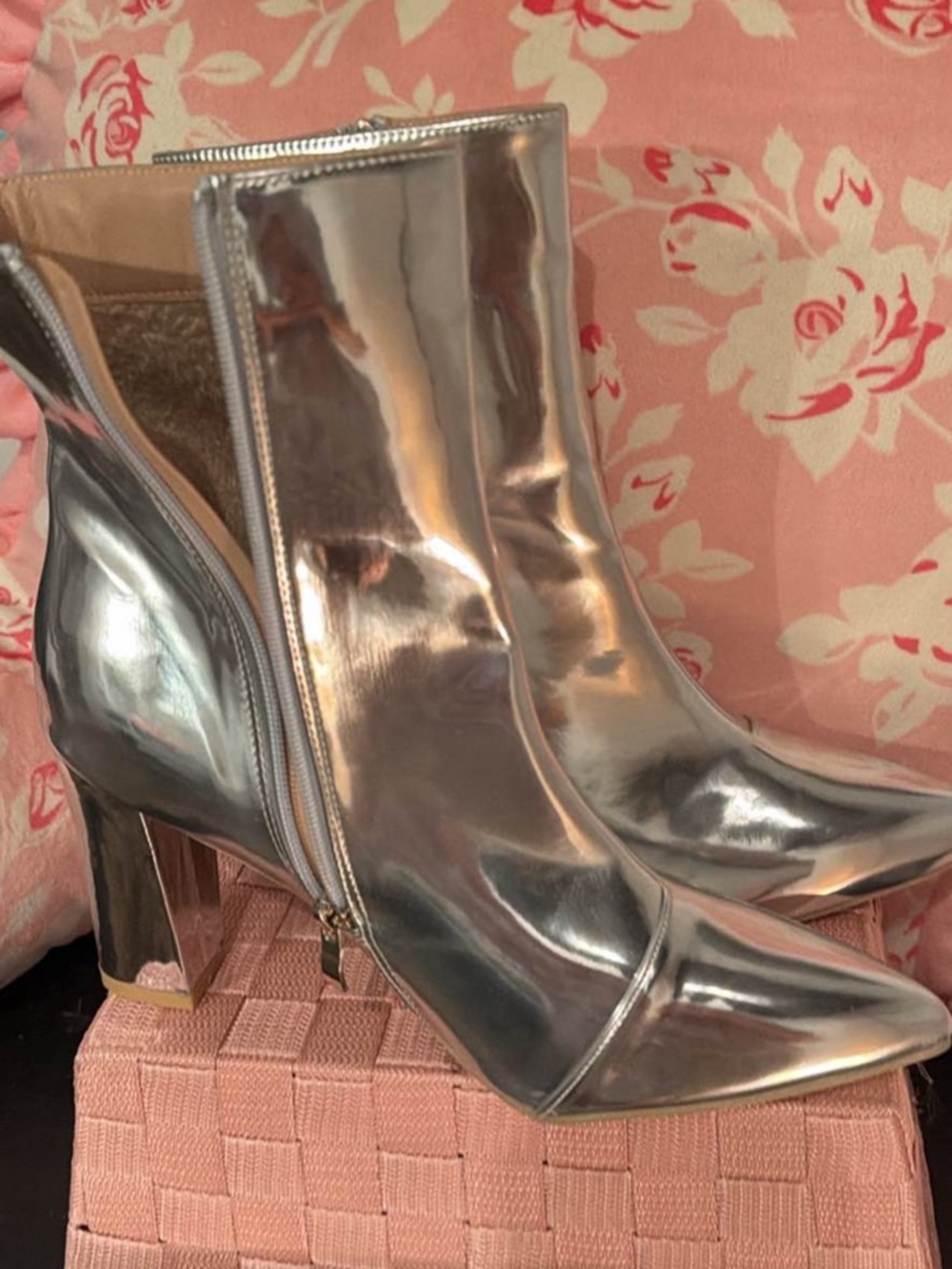 Metallic Silver Women's Ankle Boots - Silver High Heel Boots NEVER WORN!